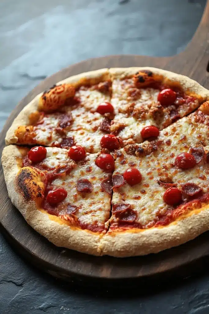 Gluten free pizza crust psyllium husk - the image is of a freshly baked pizza on a wooden cutting board. the pizza is round and has a golden brown crust. it is topped with melted cheese, red pepperoni, and small red cherry tomatoes. the cheese is melted and bubbly, and there are small pieces of bacon scattered throughout the pizza. the cutting board is placed on a gray countertop.