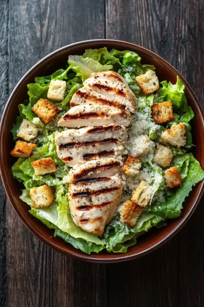 Grilled chicken caesar salad - the image is a close-up of a bowl of caesar salad. the salad is made up of lettuce leaves, croutons, and grilled chicken. the chicken is cooked to a golden brown color and appears to be seasoned with herbs and spices. the lettuce leaves are a vibrant green color and are arranged in a circular pattern around the chicken. there is a sprinkle of white cheese on top of the salad, adding a pop of color to the dish. the bowl is made of dark brown ceramic and is placed on a wooden table.