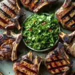 Grilled lamb chops with chimichurri - the image shows a plate of grilled pork chops with a small bowl of chopped herbs. the pork chops are arranged in a circular pattern on the plate, with six of them overlapping each other. the meat appears to be cooked to a golden brown color and has a crispy texture on the outside. the herbs in the bowl are a mix of green and red, and they are scattered throughout the plate. the plate is white with a gold rim, and the background is a dark grey countertop.