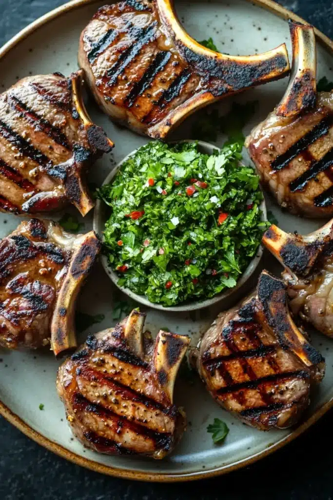 Grilled lamb chops with chimichurri - the image shows a plate of grilled pork chops with a small bowl of chopped herbs. the pork chops are arranged in a circular pattern on the plate, with six of them overlapping each other. the meat appears to be cooked to a golden brown color and has a crispy texture on the outside. the herbs in the bowl are a mix of green and red, and they are scattered throughout the plate. the plate is white with a gold rim, and the background is a dark grey countertop.