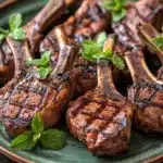 Grilled lamb chops with mint - the image shows a plate of grilled lamb chops on a dark wooden table. the lamb chops are arranged in a circular pattern on the plate, with each lamb having a golden brown color and a crispy texture. the plate is garnished with fresh mint leaves, adding a pop of green color to the dish. the background is blurred, making the lamb chops the focal point of the image.