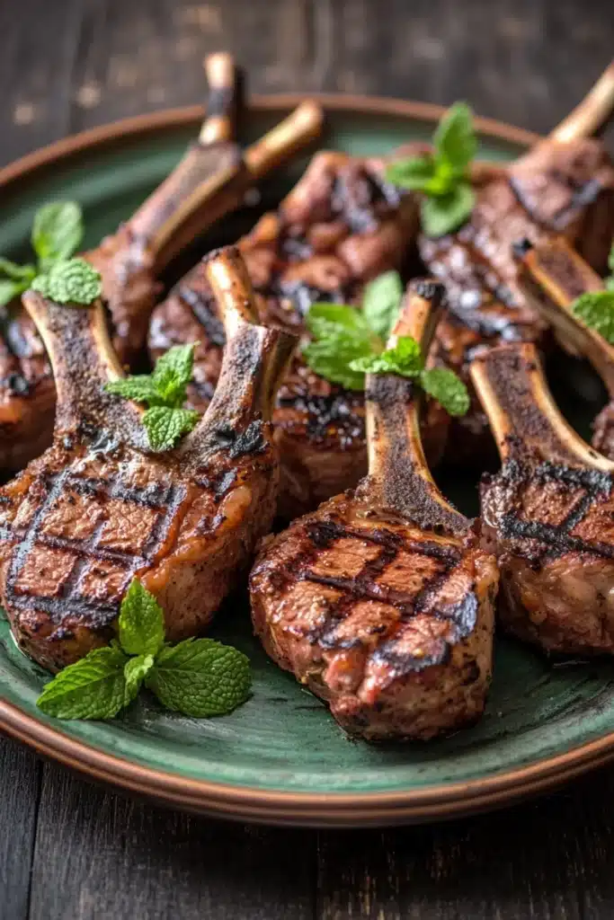 Grilled lamb chops with mint - the image shows a plate of grilled lamb chops on a dark wooden table. the lamb chops are arranged in a circular pattern on the plate, with each lamb having a golden brown color and a crispy texture. the plate is garnished with fresh mint leaves, adding a pop of green color to the dish. the background is blurred, making the lamb chops the focal point of the image.