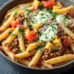 Ground beef and pasta skillet - the image is a close-up of a bowl of pasta dish. the pasta appears to be penne, which is a type of penne pasta, and it is topped with ground beef, diced tomatoes, yellow bell peppers, and a dollop of sour cream. the dish is garnished with chopped parsley and a sprinkle of parmesan cheese. the bowl is made of dark brown ceramic and is sitting on a dark grey surface. there are a few sprigs of parsley scattered around the bowl.