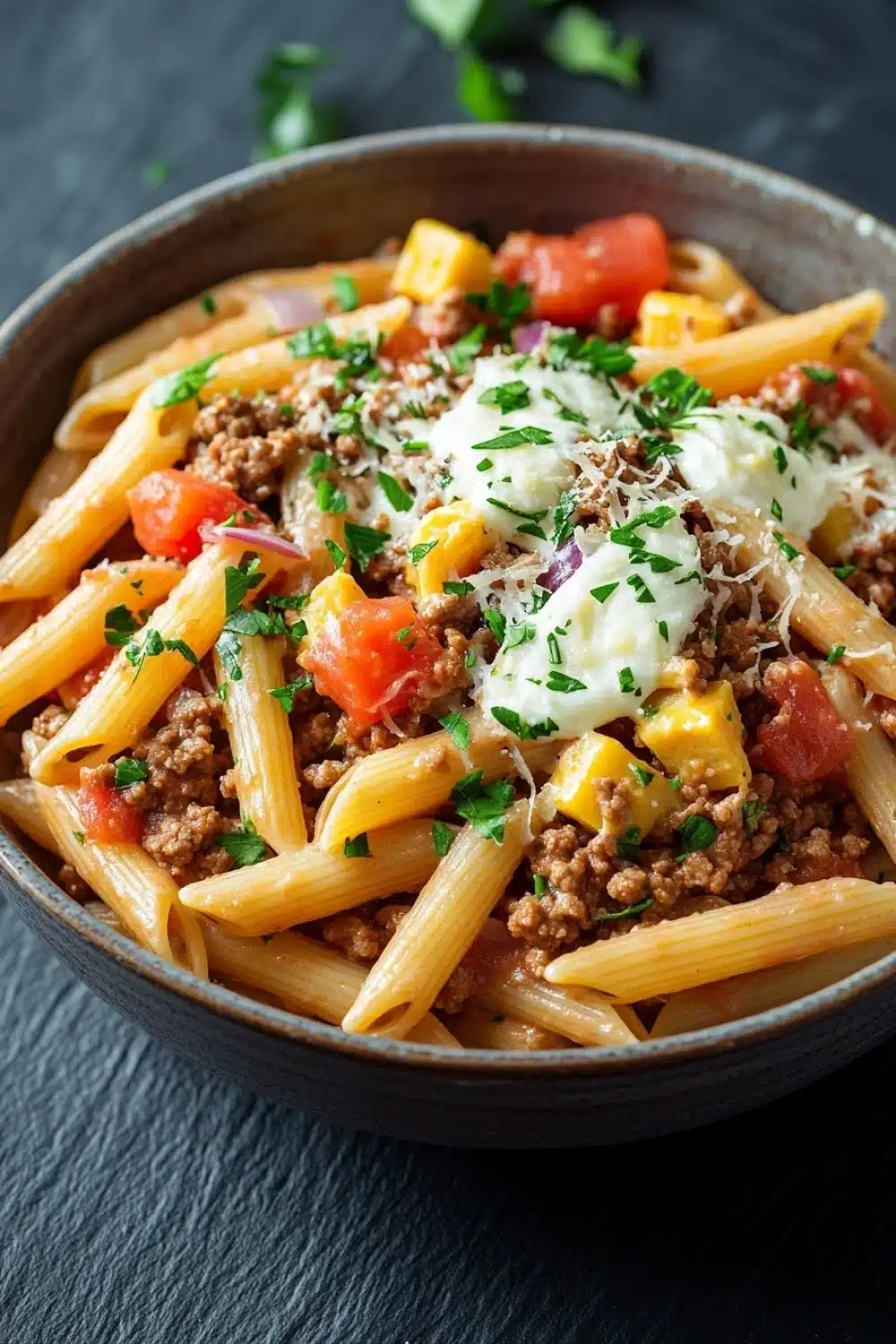Ground beef and pasta skillet - the image is a close-up of a bowl of pasta dish. the pasta appears to be penne, which is a type of penne pasta, and it is topped with ground beef, diced tomatoes, yellow bell peppers, and a dollop of sour cream. the dish is garnished with chopped parsley and a sprinkle of parmesan cheese. the bowl is made of dark brown ceramic and is sitting on a dark grey surface. there are a few sprigs of parsley scattered around the bowl.