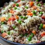 Ground beef and rice - the image shows a close-up of a dish in a black frying pan. the dish appears to be a type of fried rice with ground beef, peas, carrots, and onions mixed in. the rice is white and fluffy, and the ground beef is a dark brown color. the peas are bright green and are scattered throughout the dish. the carrots are bright orange and appear to be diced into small pieces. the onions are light brown and are also diced. the pan is sitting on a wooden table.