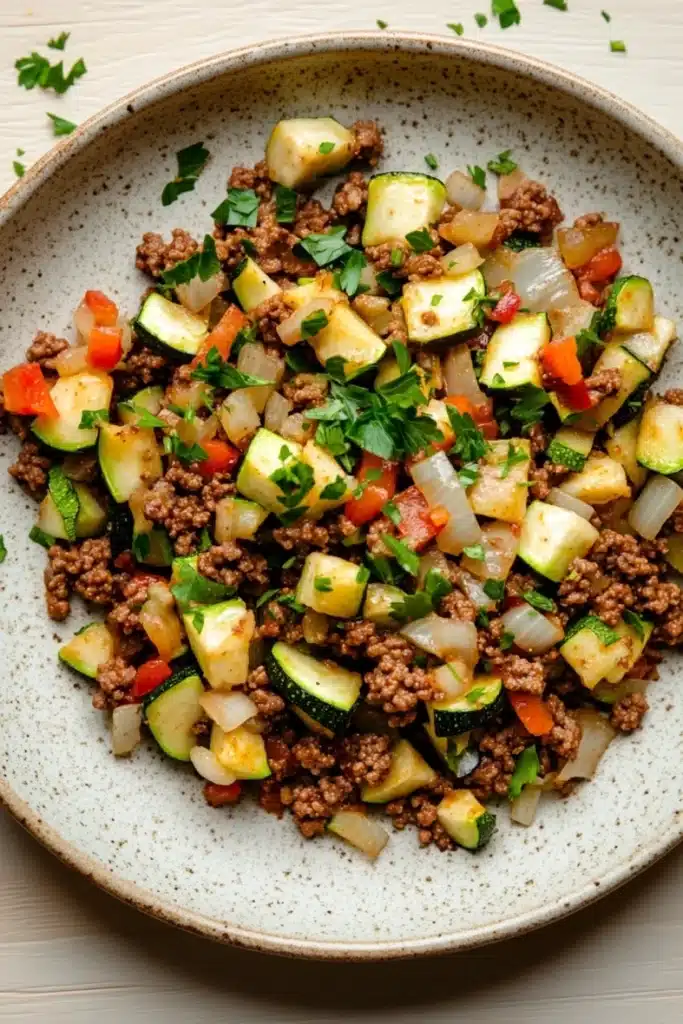 Ground beef and zucchini - the image is a close-up of a plate of food. the plate is white with a speckled pattern and is placed on a wooden table. the food appears to be a salad with a variety of vegetables, including zucchini, bell peppers, onions, and ground beef. the vegetables are mixed in with the ground beef, creating a colorful and appetizing dish. there are also some chopped parsley scattered around the plate, adding a pop of green color to the dish.