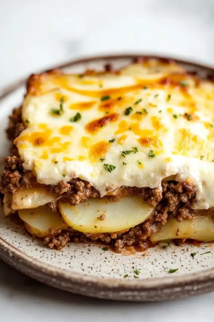 Ground beef casserole with potatoes and cheese - the image shows a plate of food with a layered dish on it. the dish appears to be a shepherd's pie, with a layer of ground beef and potatoes on top. the top of the dish is covered in melted cheese, which is golden brown and bubbly. the cheese is melted and oozing out of the sides. the potatoes are cut into small cubes and are arranged in a pile on the plate. the plate is white with a speckled pattern and there are a few sprigs of parsley scattered around the plate, adding a pop of green color to the dish.
