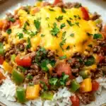 Ground beef for dinner main dishes - the image is a close-up of a plate of food. the plate is round and has a light brown color with a speckled pattern. on top of the plate, there is a generous serving of ground beef, diced tomatoes, green bell peppers, and diced onions. the beef is cooked until it is golden brown and appears to be seasoned with herbs and spices. there is also a layer of melted cheese on top, which is drizzled over the top. the dish is garnished with a sprig of fresh parsley.