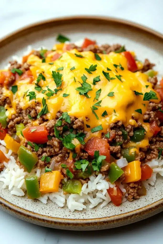 Ground beef for dinner main dishes - the image is a close-up of a plate of food. the plate is round and has a light brown color with a speckled pattern. on top of the plate, there is a generous serving of ground beef, diced tomatoes, green bell peppers, and diced onions. the beef is cooked until it is golden brown and appears to be seasoned with herbs and spices. there is also a layer of melted cheese on top, which is drizzled over the top. the dish is garnished with a sprig of fresh parsley.