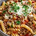 Ground beef with pasta - the image is a close-up of a bowl of pasta dish. the pasta appears to be fusilli, which is a type of spiral-shaped pasta. the dish is made with ground beef, tomato sauce, and chunks of red bell peppers. the beef is cooked in a tomato-based sauce and is topped with grated parmesan cheese. the bowl is made of ceramic and is sitting on a white tablecloth. there are also a few sprigs of fresh parsley scattered on top of the dish, adding a pop of green color.