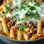 Ground turkey for dinner casseroles pasta - the image shows a bowl of penne pasta with a rich tomato sauce and chunks of ground meat. the pasta is cooked al dente and is topped with a generous amount of grated parmesan cheese. the dish is garnished with fresh parsley, adding a pop of green color to the dish. the bowl is made of ceramic and is sitting on a dark blue surface. the background is blurred, making the pasta the focal point of the image.