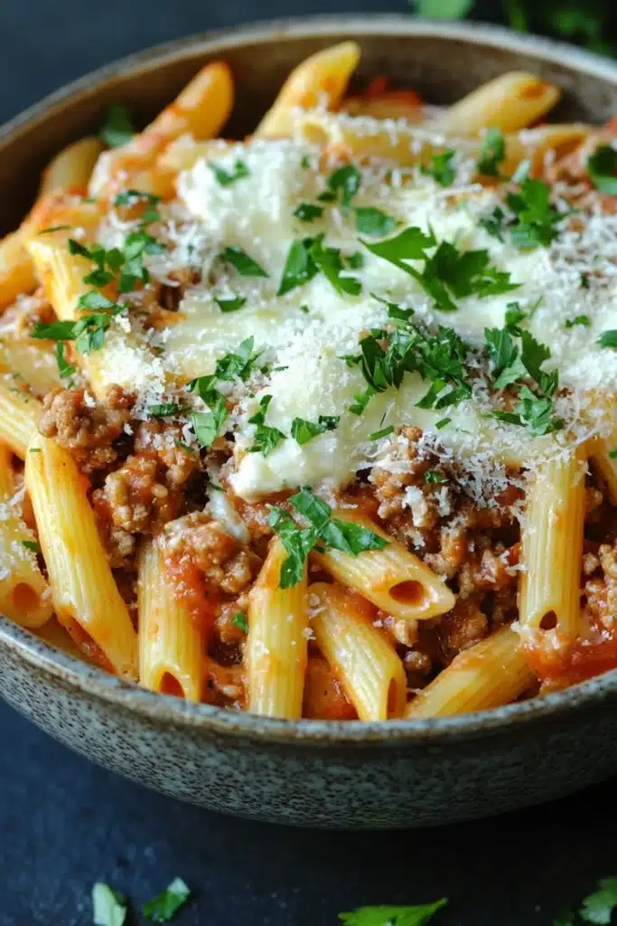 Ground turkey for dinner casseroles pasta - the image shows a bowl of penne pasta with a rich tomato sauce and chunks of ground meat. the pasta is cooked al dente and is topped with a generous amount of grated parmesan cheese. the dish is garnished with fresh parsley, adding a pop of green color to the dish. the bowl is made of ceramic and is sitting on a dark blue surface. the background is blurred, making the pasta the focal point of the image.