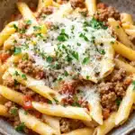 Ground turkey for dinner pasta - the image is a close-up of a bowl of penne pasta dish. the pasta is cooked al dente and is topped with a generous amount of ground beef, tomato sauce, and grated parmesan cheese. the dish is garnished with fresh parsley. the bowl is made of ceramic and is sitting on a white marble countertop. the background is blurred, but it appears to be a kitchen countertop with a few sprigs of parsley scattered around.