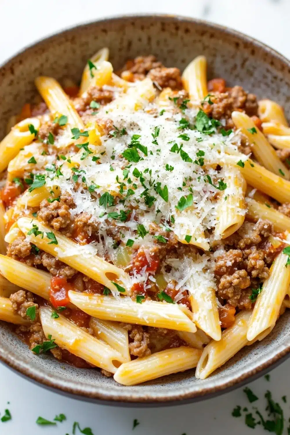 Ground turkey for dinner pasta - the image is a close-up of a bowl of penne pasta dish. the pasta is cooked al dente and is topped with a generous amount of ground beef, tomato sauce, and grated parmesan cheese. the dish is garnished with fresh parsley. the bowl is made of ceramic and is sitting on a white marble countertop. the background is blurred, but it appears to be a kitchen countertop with a few sprigs of parsley scattered around.
