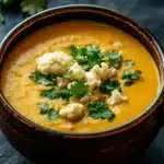 Healing turmeric cauliflower soup - the image is a close-up of a bowl of orange-colored soup. the soup appears to be thick and creamy, with chunks of cauliflower visible in the center. the bowl is made of ceramic and has a dark brown color. it is garnished with fresh cilantro leaves, adding a pop of green color to the dish. the background is a dark grey surface, and there are a few sprigs of fresh herbs scattered around the bowl. the overall mood of the image is warm and inviting.