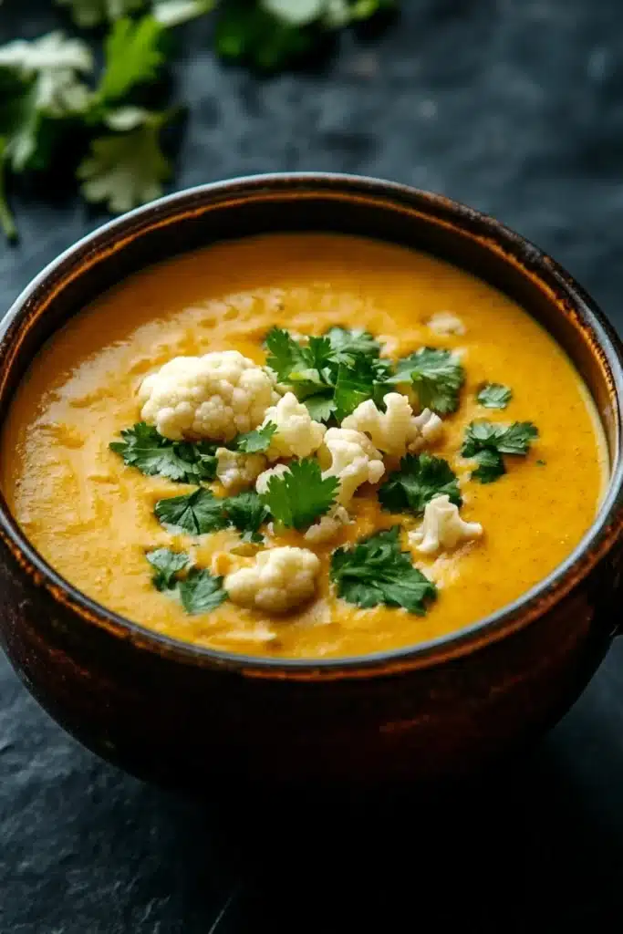 Healing turmeric cauliflower soup - the image is a close-up of a bowl of orange-colored soup. the soup appears to be thick and creamy, with chunks of cauliflower visible in the center. the bowl is made of ceramic and has a dark brown color. it is garnished with fresh cilantro leaves, adding a pop of green color to the dish. the background is a dark grey surface, and there are a few sprigs of fresh herbs scattered around the bowl. the overall mood of the image is warm and inviting.