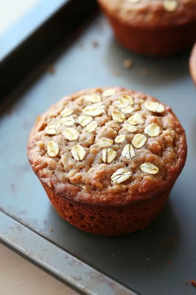 High protein banana oat muffin - the image shows a close-up of a freshly baked muffin on a baking tray. the muffin is golden brown in color and has a crumbly texture. it is topped with sliced oats, giving it a crunchy appearance. the tray is lined with parchment paper and there are other muffins visible in the background. the background is blurred, but it appears to be a kitchen countertop.