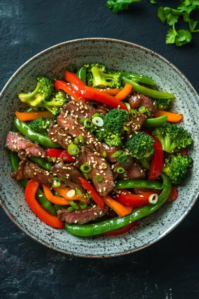 High protein beef stir fry - the image is a close-up of a bowl of stir-fry with beef and vegetables. the bowl is made of ceramic and has a dark blue speckled pattern. the beef is sliced into thin strips and is topped with sesame seeds. the vegetables include broccoli, red bell peppers, and green bell peppers. there are also some sliced carrots and broccoli florets scattered throughout the dish. the dish is garnished with fresh cilantro leaves. the background is a dark grey textured surface.