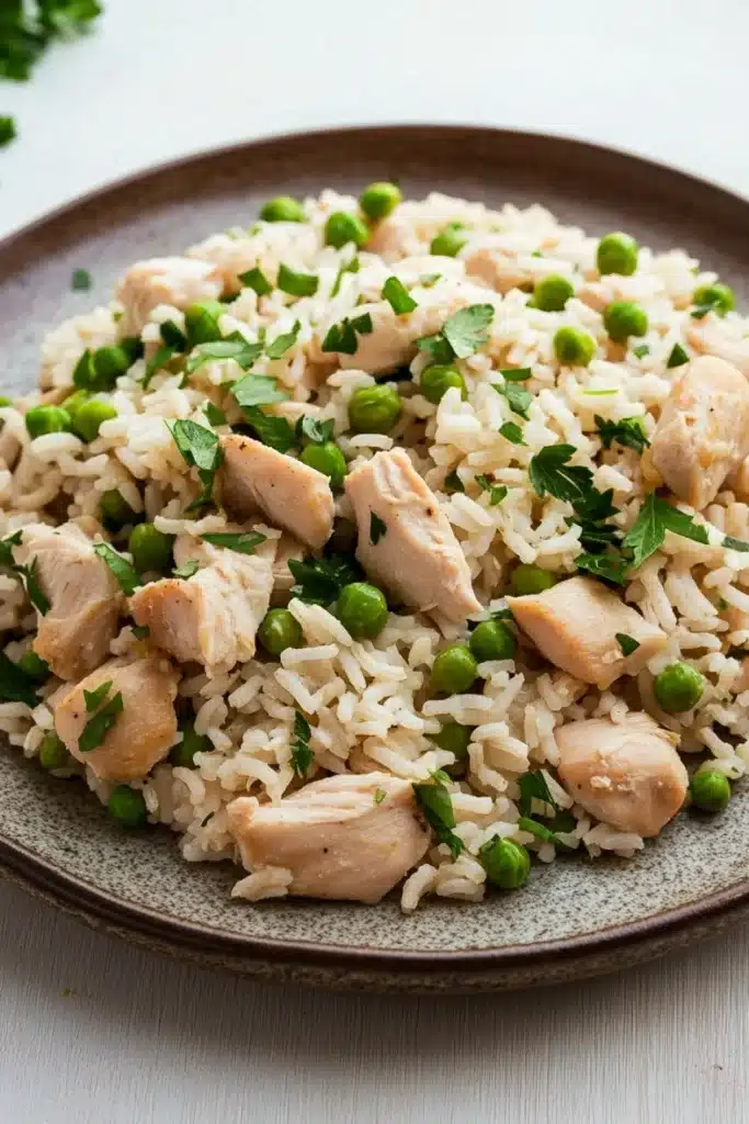 High protein chicken and rice - the image shows a plate of rice with chicken and peas. the rice is white and fluffy, and the chicken is cooked to a golden brown color. the peas are bright green and are scattered throughout the dish. the dish is garnished with a sprig of fresh parsley. the plate is brown and has a textured surface. the background is a white wooden table.