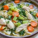 High protein chicken orzo soup - the image is a close-up of a bowl of soup. the soup appears to be a type of noodle soup with chunks of chicken, carrots, celery, and other vegetables mixed in. the broth is a light yellow color and looks thick and creamy. the bowl is made of ceramic and is sitting on a wooden table. the vegetables are bright orange and appear to be fresh and vibrant. there are also some green herbs scattered throughout the soup, adding a pop of color to the dish.