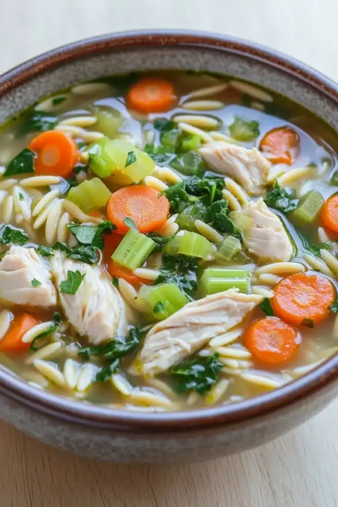 High protein chicken orzo soup - the image is a close-up of a bowl of soup. the soup appears to be a type of noodle soup with chunks of chicken, carrots, celery, and other vegetables mixed in. the broth is a light yellow color and looks thick and creamy. the bowl is made of ceramic and is sitting on a wooden table. the vegetables are bright orange and appear to be fresh and vibrant. there are also some green herbs scattered throughout the soup, adding a pop of color to the dish.