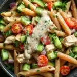 High protein chicken pasta salad - the image is a close-up of a bowl of pasta salad. the pasta appears to be penne or penne, and it is mixed with various vegetables such as sliced cucumbers, cherry tomatoes, and red onions. the salad is garnished with chopped parsley and a dollop of creamy white sauce. the bowl is made of dark blue ceramic and is sitting on a dark grey countertop. the overall color scheme of the dish is warm and inviting.