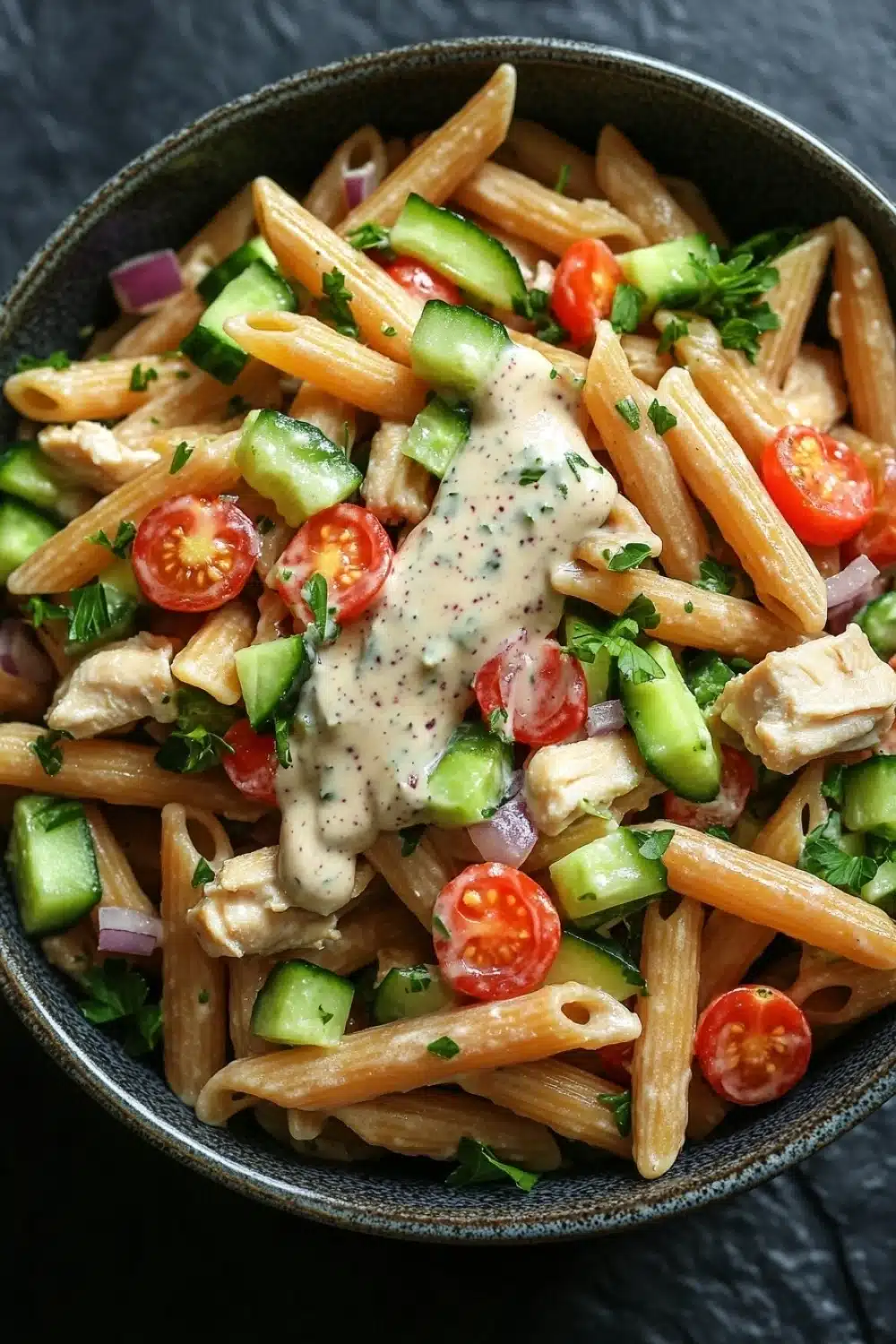 High protein chicken pasta salad - the image is a close-up of a bowl of pasta salad. the pasta appears to be penne or penne, and it is mixed with various vegetables such as sliced cucumbers, cherry tomatoes, and red onions. the salad is garnished with chopped parsley and a dollop of creamy white sauce. the bowl is made of dark blue ceramic and is sitting on a dark grey countertop. the overall color scheme of the dish is warm and inviting.
