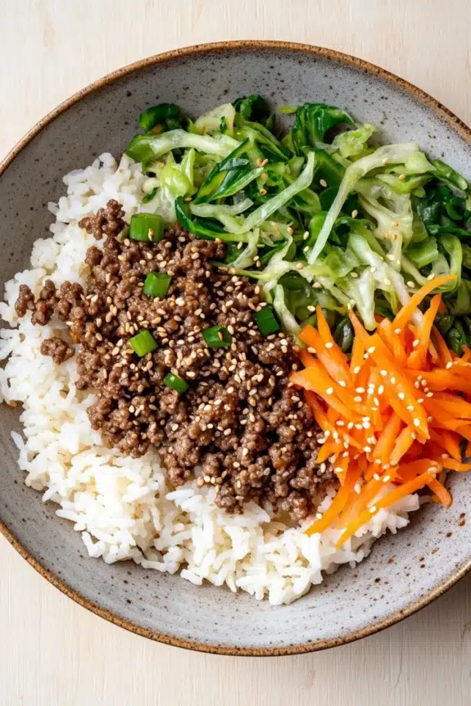 High protein korean beef rice bowl - the image is a close-up of a bowl of food. the bowl is made of a light-colored ceramic material and has a brown rim. on top of the bowl, there is a bed of white rice with chunks of ground beef and green onions scattered on top. on the right side of the rice, there are a few pieces of sliced carrots with sesame seeds sprinkled on top, adding a pop of color to the dish. the dish is garnished with a sprinkle of sesame seed. the background is a wooden table.