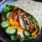 High protein low calorie chicken wraps - the image shows a wrap on a black plate. the wrap is made of tortilla and is filled with a variety of ingredients. on top of the wrap, there are shredded cheese, sliced tomatoes, cucumbers, and lettuce. the chicken appears to be grilled and has a golden brown color. the plate is sitting on a wooden table.