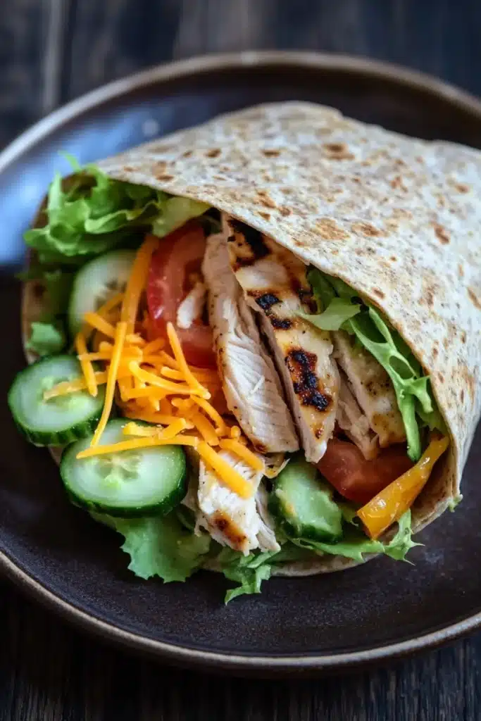 High protein low calorie chicken wraps - the image shows a wrap on a black plate. the wrap is made of tortilla and is filled with a variety of ingredients. on top of the wrap, there are shredded cheese, sliced tomatoes, cucumbers, and lettuce. the chicken appears to be grilled and has a golden brown color. the plate is sitting on a wooden table.