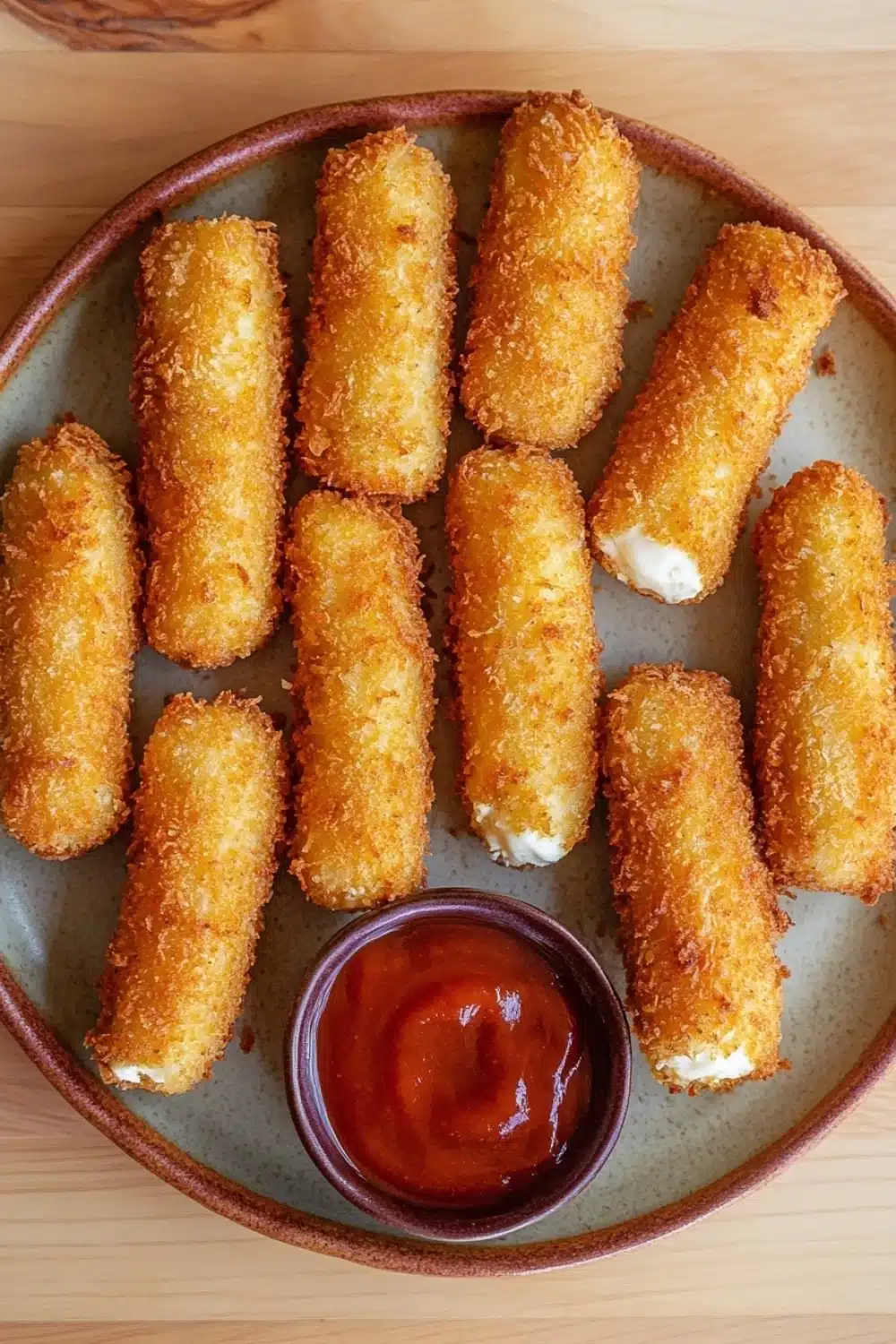 Homemade glutenfree mozzarella sticks - the image shows a plate of deep-fried breaded chicken tenders. the tenders are golden brown and appear to be crispy on the outside. they are arranged in a circular pattern on the plate, with a small bowl of ketchup on the side. the plate is sitting on a wooden table.