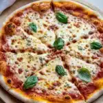 Homemade pizza ingredients - the image is of a freshly baked pizza on a wooden cutting board. the pizza is round and has a golden brown crust. it is topped with melted cheese and fresh basil leaves. the cheese is golden brown and appears to be melted and bubbly. there are several slices of the pizza arranged in a circular pattern on the board, with some overlapping each other. in the background, there is a white cloth napkin and a small bowl of sauce. the overall aesthetic of the image is rustic and appetizing.