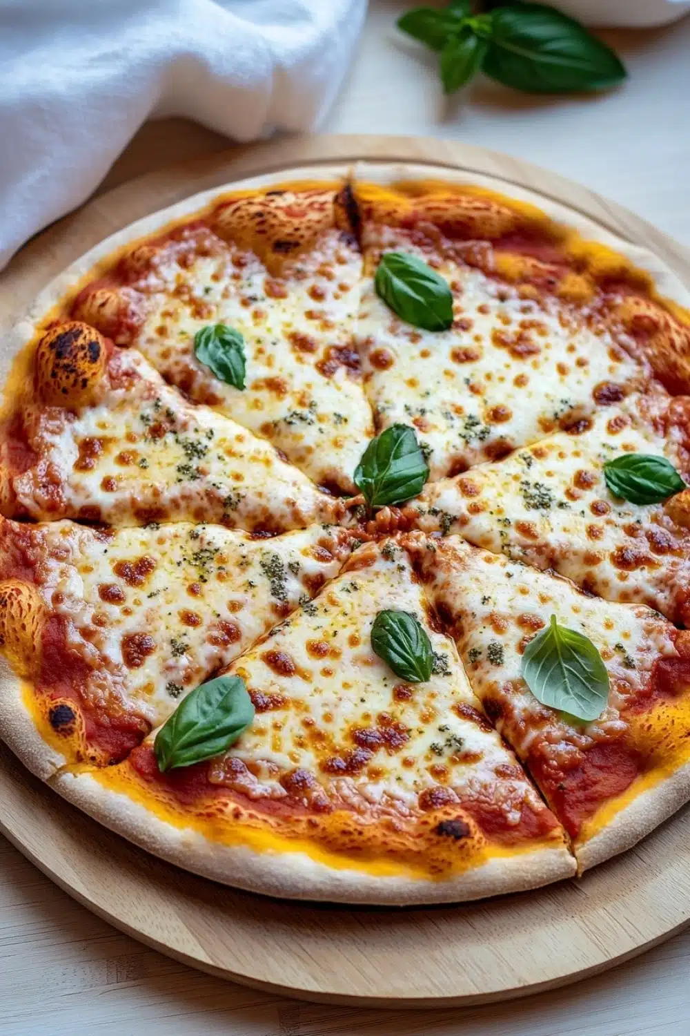 Homemade pizza ingredients - the image is of a freshly baked pizza on a wooden cutting board. the pizza is round and has a golden brown crust. it is topped with melted cheese and fresh basil leaves. the cheese is golden brown and appears to be melted and bubbly. there are several slices of the pizza arranged in a circular pattern on the board, with some overlapping each other. in the background, there is a white cloth napkin and a small bowl of sauce. the overall aesthetic of the image is rustic and appetizing.