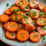 Honey glazed carrots on stove - the image shows a plate of cooked carrots. the carrots are bright orange in color and appear to be freshly cooked. they are arranged in a circular pattern on the plate, with some overlapping each other. the plate is light blue with a speckled texture, and there are small sprigs of fresh parsley scattered throughout the dish. the background is dark, making the carrots stand out.