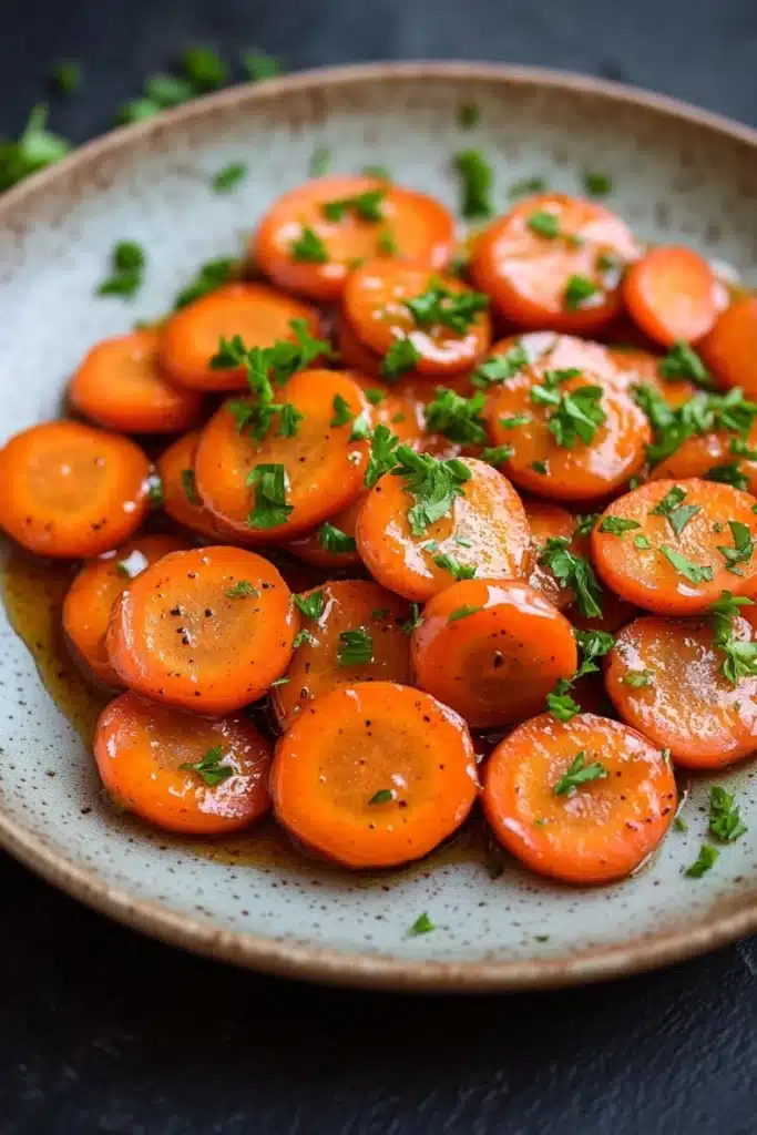 Honey glazed carrots on stove - the image shows a plate of cooked carrots. the carrots are bright orange in color and appear to be freshly cooked. they are arranged in a circular pattern on the plate, with some overlapping each other. the plate is light blue with a speckled texture, and there are small sprigs of fresh parsley scattered throughout the dish. the background is dark, making the carrots stand out.