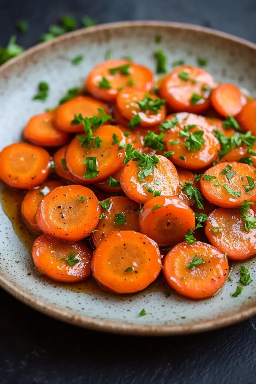 Honey glazed carrots on stove - the image shows a plate of cooked carrots. the carrots are bright orange in color and appear to be freshly cooked. they are arranged in a circular pattern on the plate, with some overlapping each other. the plate is light blue with a speckled texture, and there are small sprigs of fresh parsley scattered throughout the dish. the background is dark, making the carrots stand out.