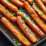 Honey glazed carrots oven roasted - the image shows a tray of cooked carrots on a black surface. the carrots are long and slender, with a golden-brown color and appear to be seasoned with herbs and spices. they are arranged in a single layer on the tray, with some overlapping each other. the tray is lined with parchment paper, and there are small sprigs of parsley scattered around the tray. the background is blurred, but it appears to be a kitchen countertop.