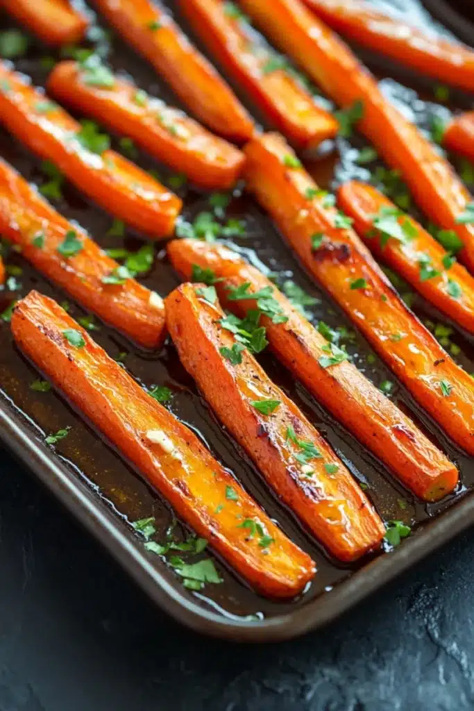 Honey glazed carrots oven roasted - the image shows a tray of cooked carrots on a black surface. the carrots are long and slender, with a golden-brown color and appear to be seasoned with herbs and spices. they are arranged in a single layer on the tray, with some overlapping each other. the tray is lined with parchment paper, and there are small sprigs of parsley scattered around the tray. the background is blurred, but it appears to be a kitchen countertop.