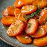 Honey glazed carrots with thyme - the image shows a plate of roasted carrots. the carrots are bright orange in color and have a glossy sheen. they are arranged in a circular pattern on the plate, with some overlapping each other. on top of the carrots, there is a sprig of fresh thyme, adding a pop of green color to the dish. the plate is dark and has a textured surface. the background is blurred, making the carrots the focal point of the image.