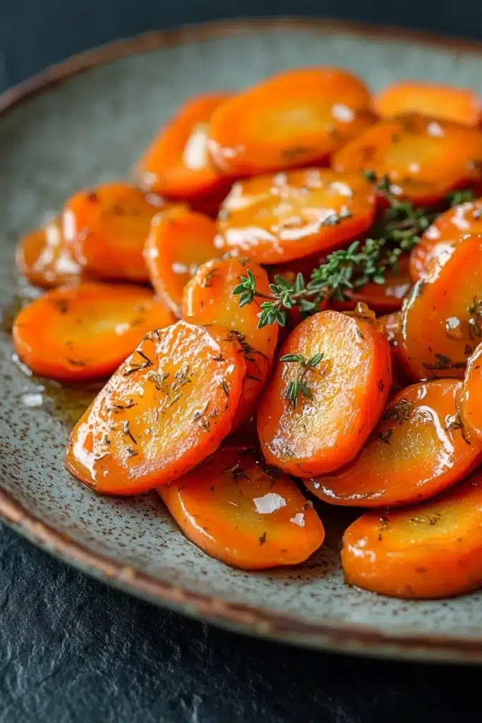 Honey glazed carrots with thyme - the image shows a plate of roasted carrots. the carrots are bright orange in color and have a glossy sheen. they are arranged in a circular pattern on the plate, with some overlapping each other. on top of the carrots, there is a sprig of fresh thyme, adding a pop of green color to the dish. the plate is dark and has a textured surface. the background is blurred, making the carrots the focal point of the image.