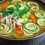 Instant pot chicken zucchini noodle soup - the image is a close-up of a bowl of soup. the soup appears to be thick and creamy, with chunks of chicken and vegetables visible in the broth. the vegetables include sliced cucumbers, carrots, and celery. there is also a sprig of fresh parsley on top of the soup, adding a pop of green color to the dish. the bowl is made of ceramic and is sitting on a wooden table.