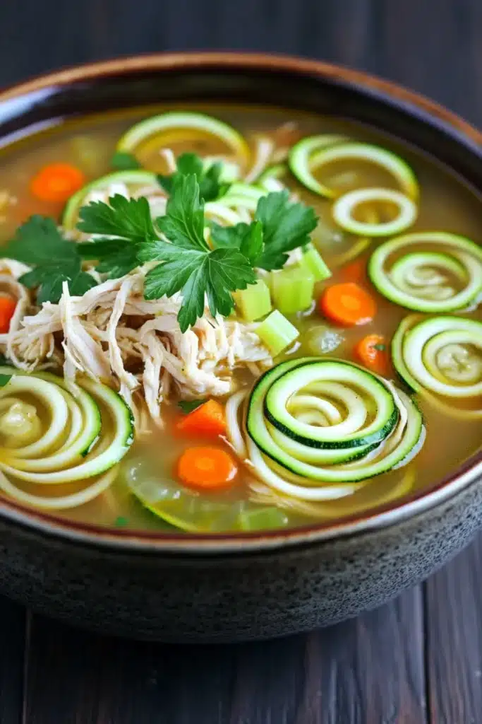 Instant pot chicken zucchini noodle soup - the image is a close-up of a bowl of soup. the soup appears to be thick and creamy, with chunks of chicken and vegetables visible in the broth. the vegetables include sliced cucumbers, carrots, and celery. there is also a sprig of fresh parsley on top of the soup, adding a pop of green color to the dish. the bowl is made of ceramic and is sitting on a wooden table.