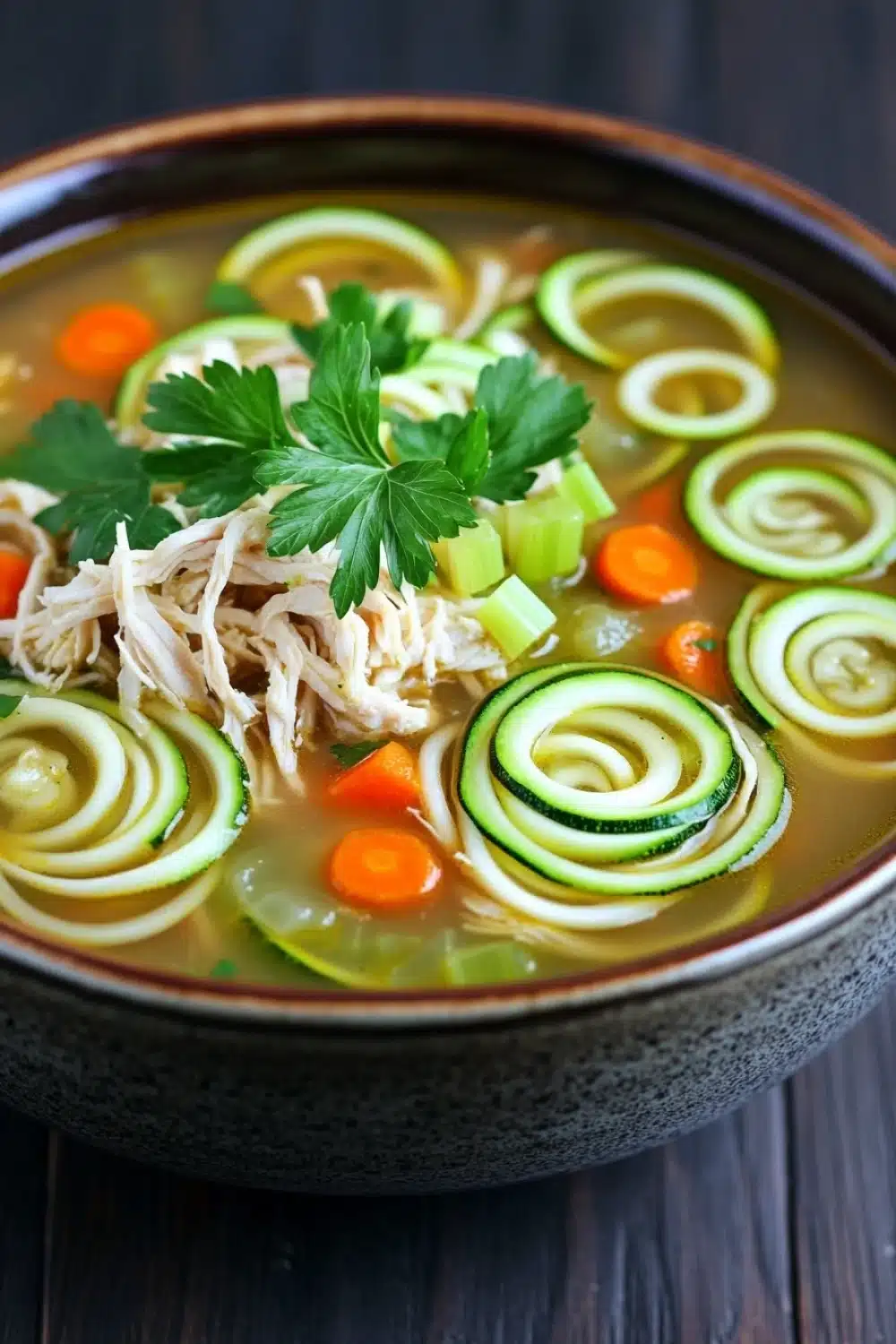 Instant pot chicken zucchini noodle soup - the image is a close-up of a bowl of soup. the soup appears to be thick and creamy, with chunks of chicken and vegetables visible in the broth. the vegetables include sliced cucumbers, carrots, and celery. there is also a sprig of fresh parsley on top of the soup, adding a pop of green color to the dish. the bowl is made of ceramic and is sitting on a wooden table.