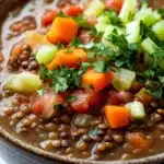 Italian lentil soup - the image is a close-up of a bowl of soup. the soup appears to be made with lentils, carrots, celery, and other vegetables. the bowl is made of dark brown ceramic and is sitting on a white surface. the vegetables are mixed in with the soup, creating a colorful and appetizing dish. there are also some sprigs of fresh parsley scattered throughout the soup.