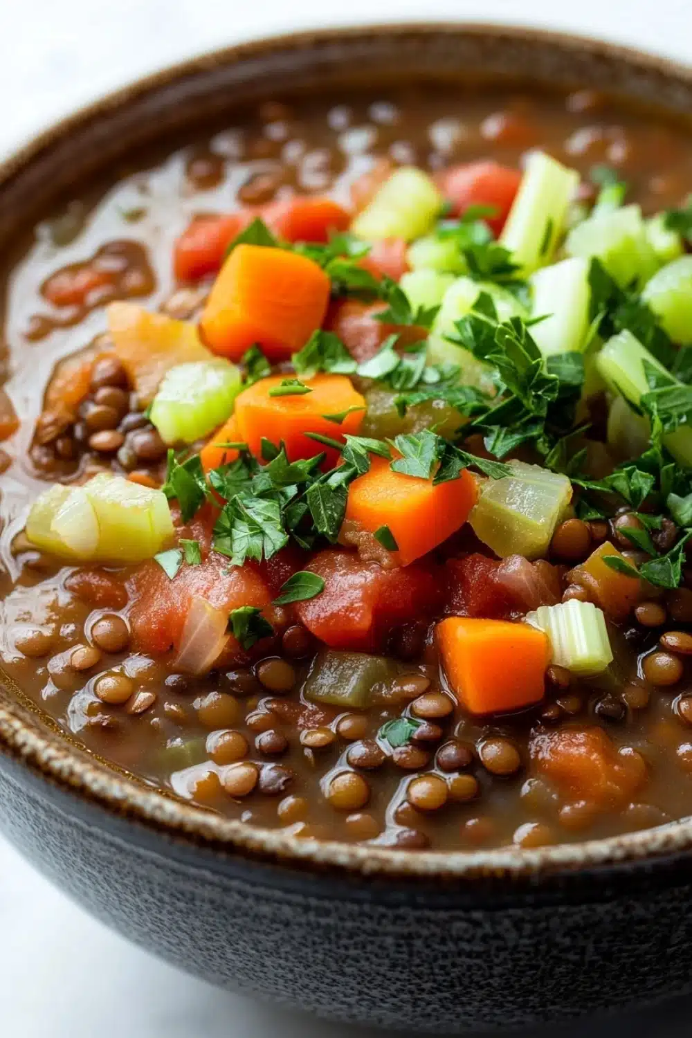 Italian lentil soup - the image is a close-up of a bowl of soup. the soup appears to be made with lentils, carrots, celery, and other vegetables. the bowl is made of dark brown ceramic and is sitting on a white surface. the vegetables are mixed in with the soup, creating a colorful and appetizing dish. there are also some sprigs of fresh parsley scattered throughout the soup.