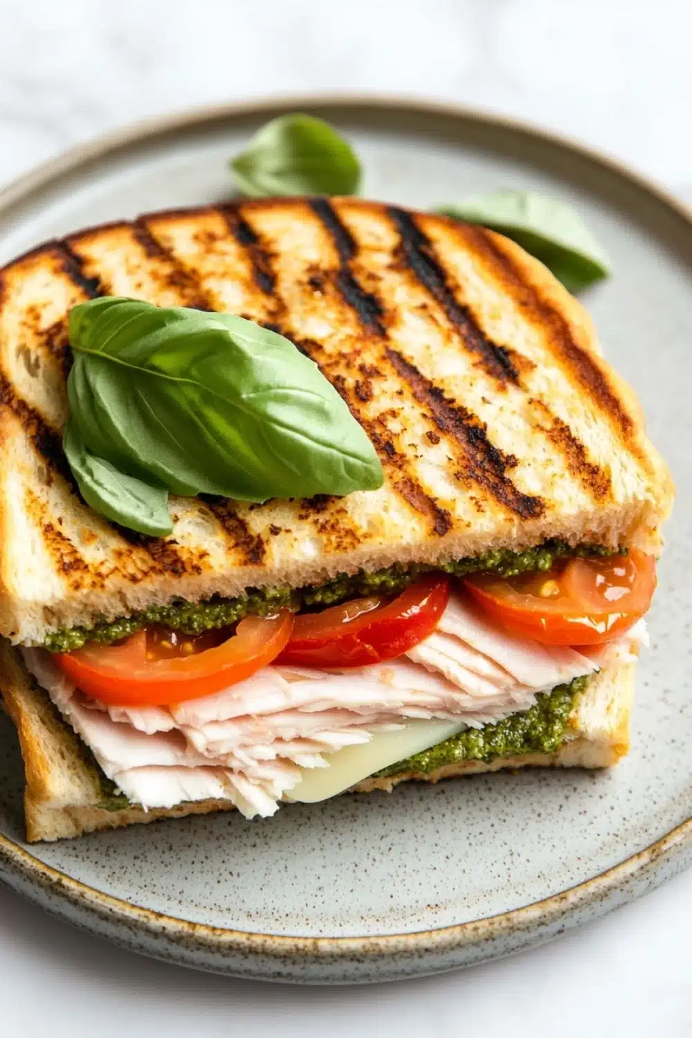 Italian sandwich panini - the image shows a sandwich on a blue and white plate. the sandwich is made with two slices of toasted bread, which are golden brown and appear to be seasoned with herbs and spices. on top of the bread, there is a generous amount of sliced ham, sliced tomatoes, and a dollop of pesto sauce. there is also a sprig of fresh basil on the plate, adding a pop of green color to the dish. the plate is sitting on a white marble countertop.
