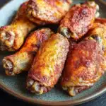 Keto chicken wing air fryer - the image shows a plate of fried chicken drumsticks. the drumsticks are golden brown and appear to be crispy on the outside. they are arranged in a circular pattern on the plate, with some overlapping each other. the dish is garnished with a sprinkle of red pepper flakes. the plate is sitting on a dark grey countertop.