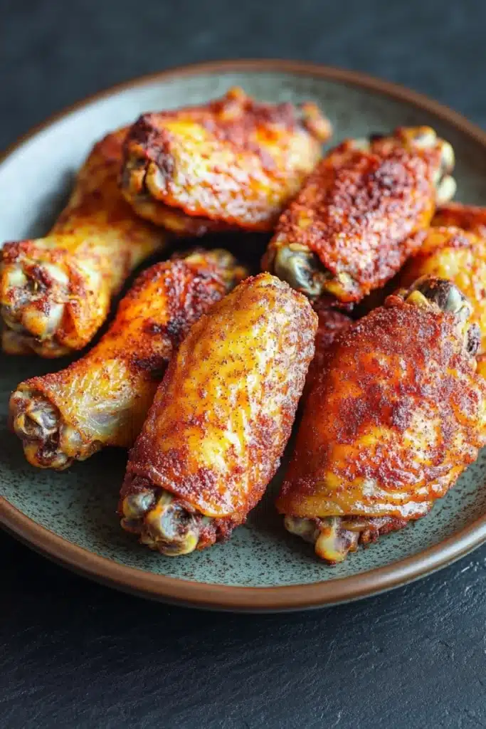Keto chicken wing air fryer - the image shows a plate of fried chicken drumsticks. the drumsticks are golden brown and appear to be crispy on the outside. they are arranged in a circular pattern on the plate, with some overlapping each other. the dish is garnished with a sprinkle of red pepper flakes. the plate is sitting on a dark grey countertop.