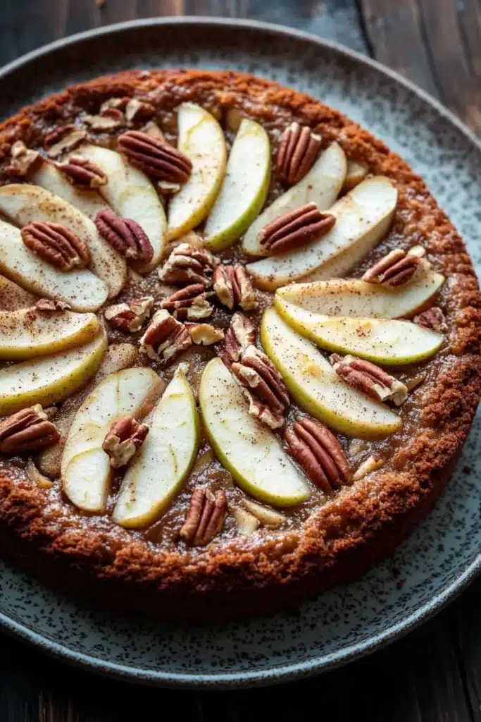 Keto german apple cake - the image is of a round cake with a golden brown crust on a blue plate. the cake is topped with sliced pears and pecans, giving it a crunchy texture. the pears are arranged in a circular pattern on top of the cake, with some overlapping each other. the plate is sitting on a wooden table, and the background is blurred, making the cake the focal point of the image.