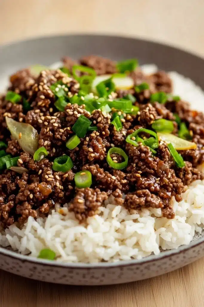 Korean beef skillet - the image shows a plate of food with a serving of rice and ground beef. the rice is white and fluffy, and the ground beef is a dark brown color. the dish is garnished with chopped green onions and sesame seeds. the plate is gray and has a speckled pattern around the edges. the background is blurred, but it appears to be a wooden table.